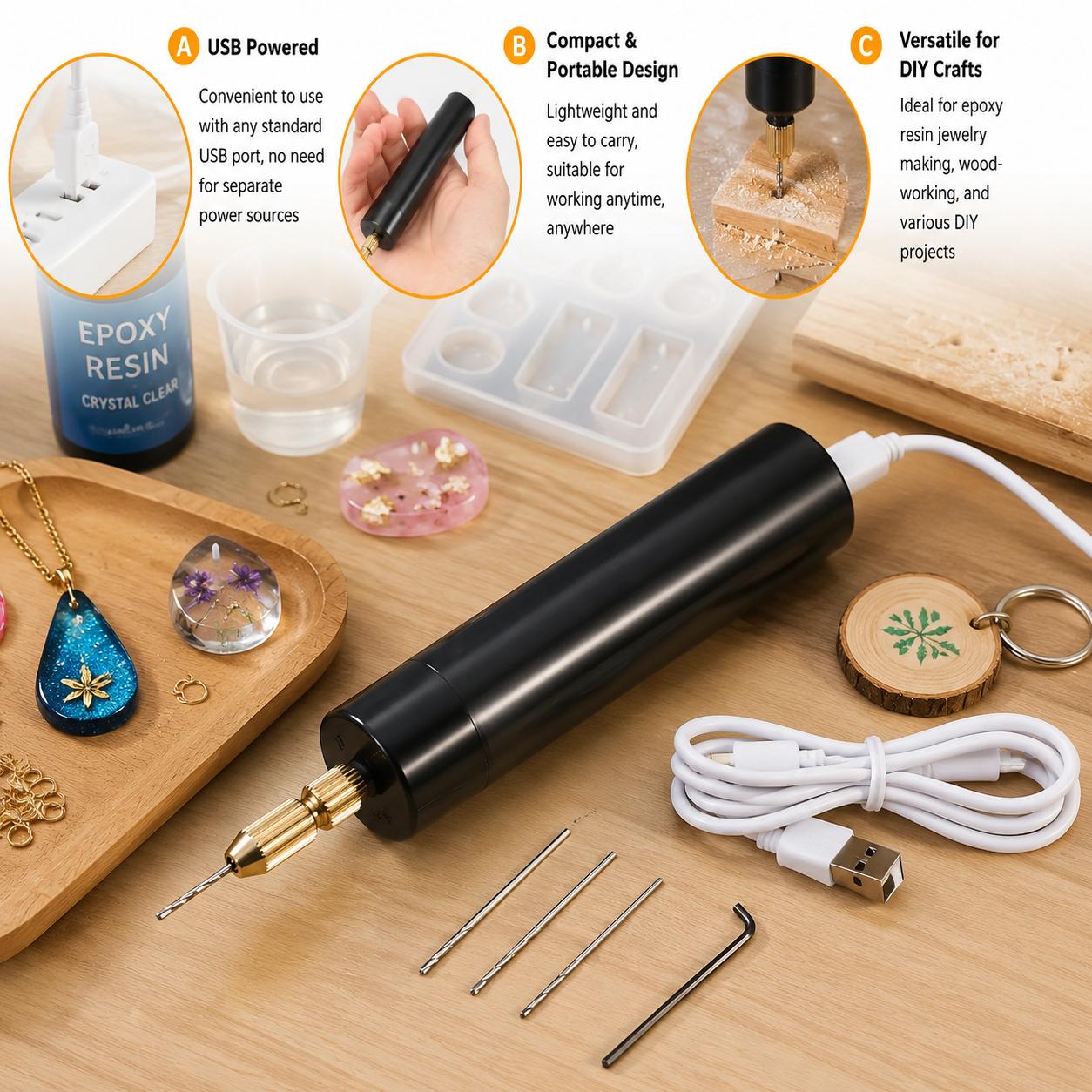 Resin Art Tool Kit - Mini perceuse électrique sans fil USB,